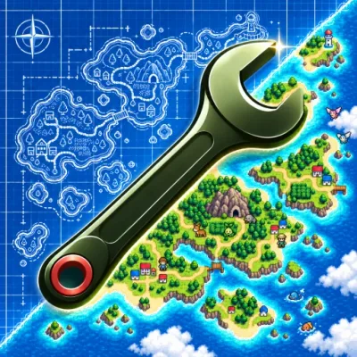 Dexterity logo: a wrench over a pixel-art island map drawn on blueprint paper