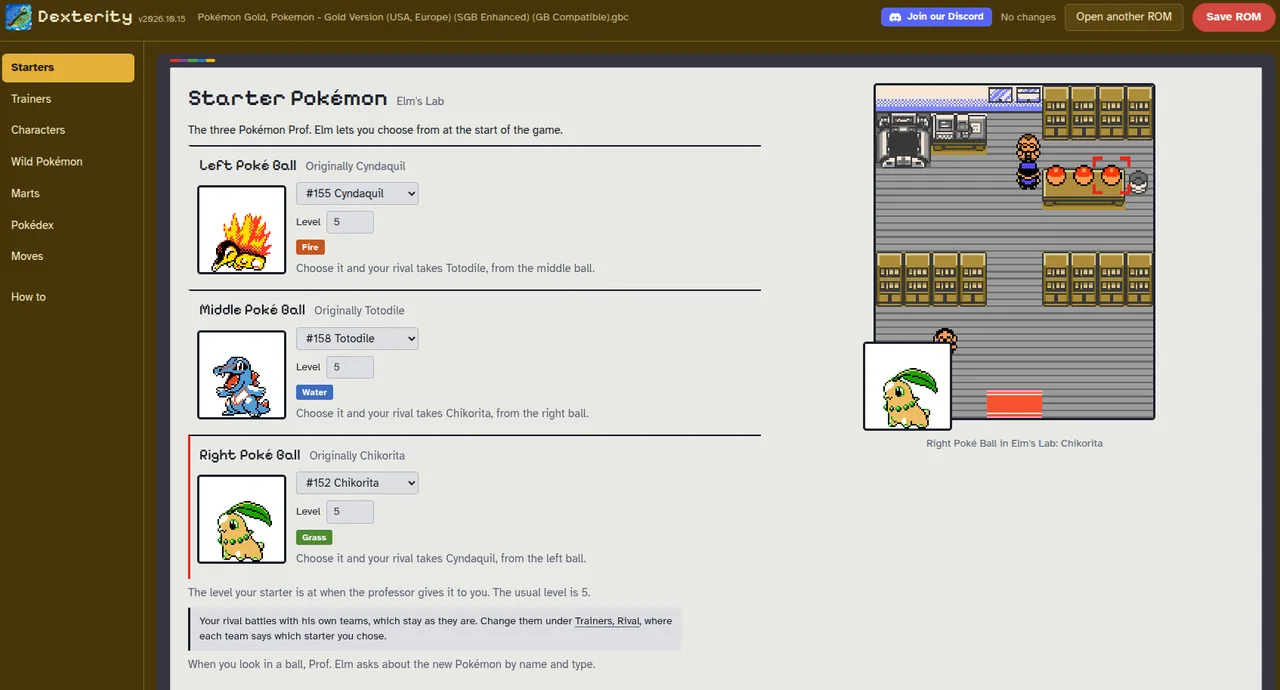 Dexterity editing the starters in Pokémon Gold: Cyndaquil, Totodile and Chikorita in their Poké Ball slots, next to a map of Elm’s lab